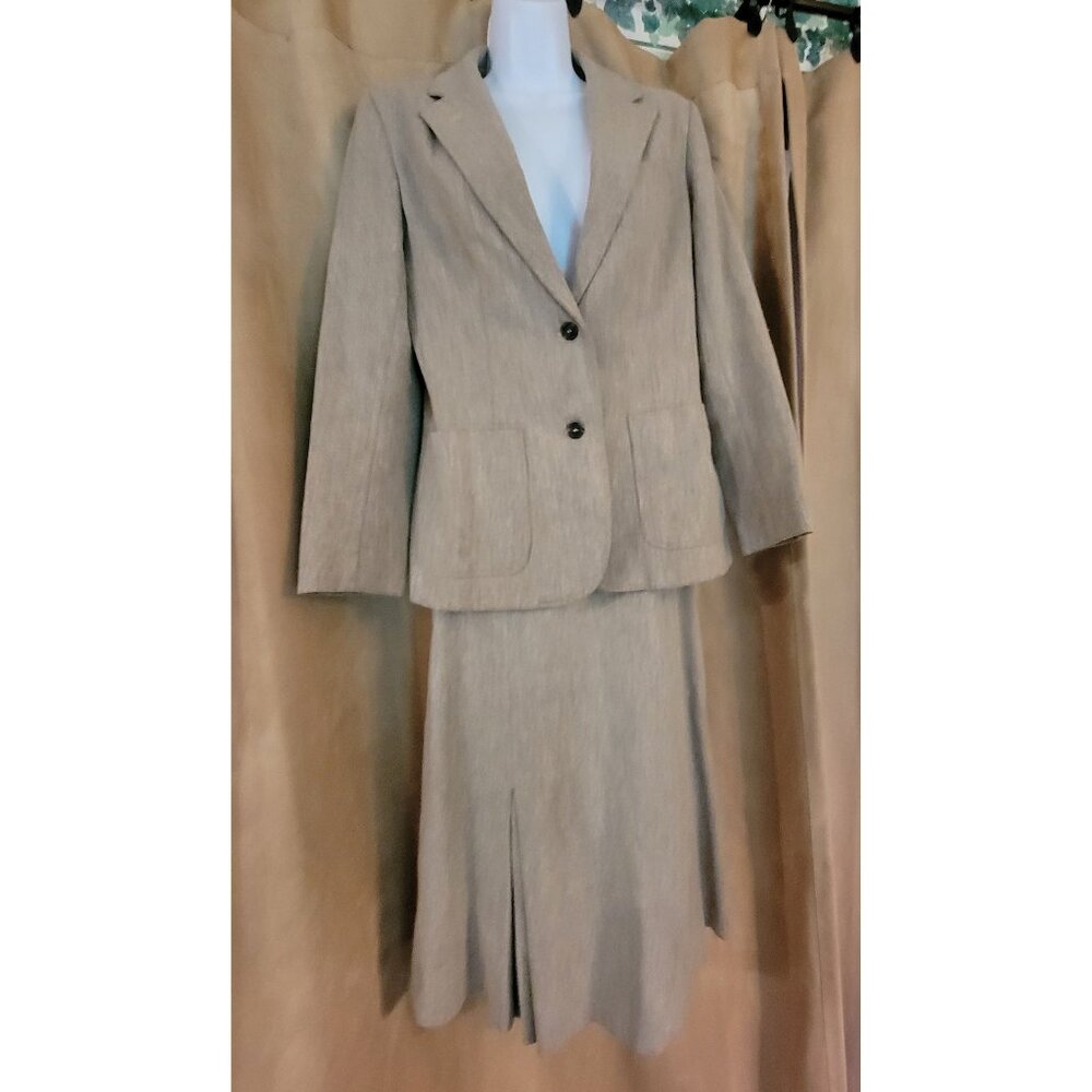 Vintage 1990s Crazy Horse Beige Wool Suit - Jacket and Skirt - Size 11/12